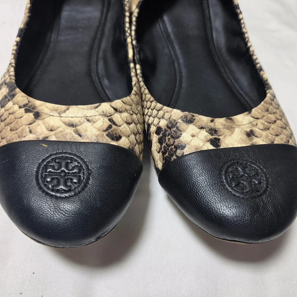Tory Burch Minnie Snake Embossed Leather Ballet Flats Black Cap Toe 9.5M 7149